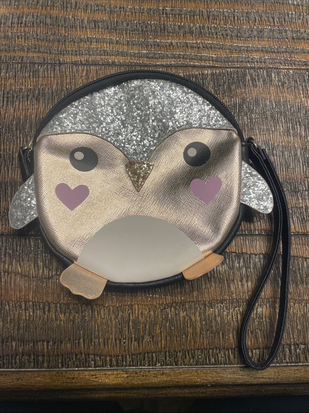 Luv Betsey Johnson Coin Purse Wristlet Penguin Rose Gold Glitter Zip Closure 6"